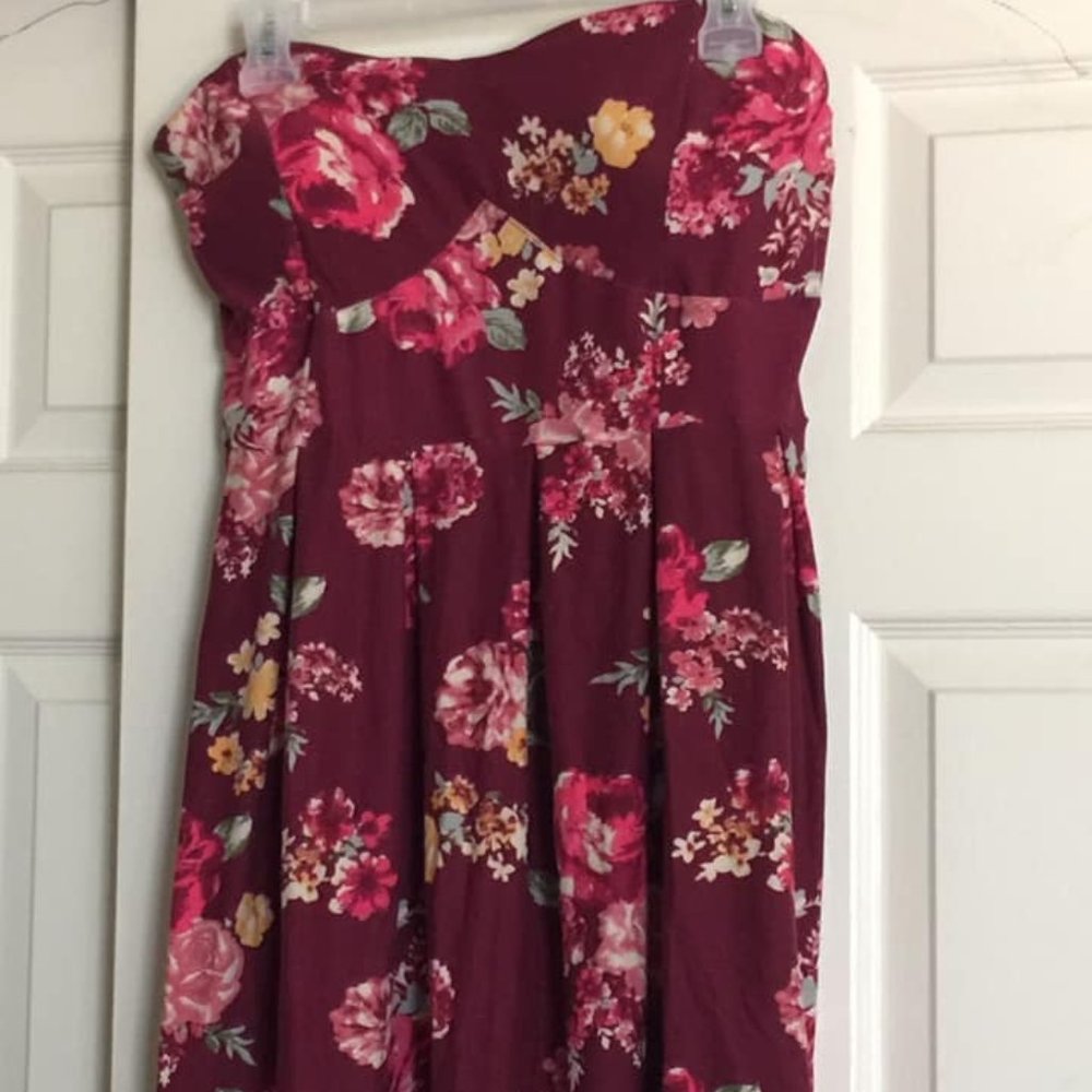Maroon Strapless floral dress.